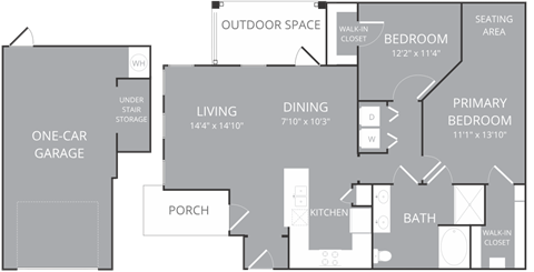 Floor plan for 2 beds, 1 bath, 1077 sqft